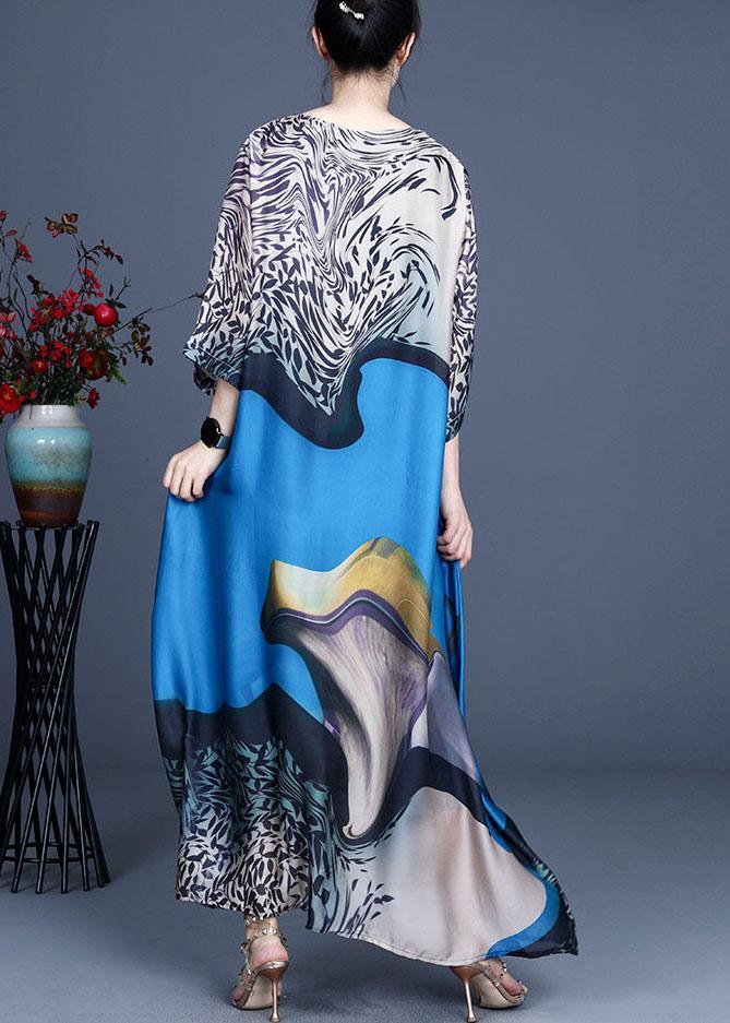 Modern Blue Print asymmetrical design Casual Summer Silk Long Dress