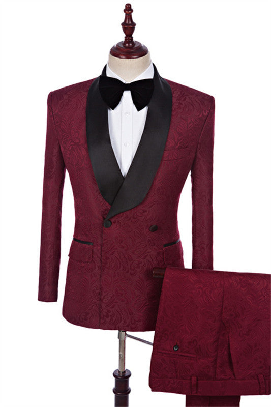 Modern Burgundy Shawl Lapel Jacquard 2 Piece Men's Wedding Suit