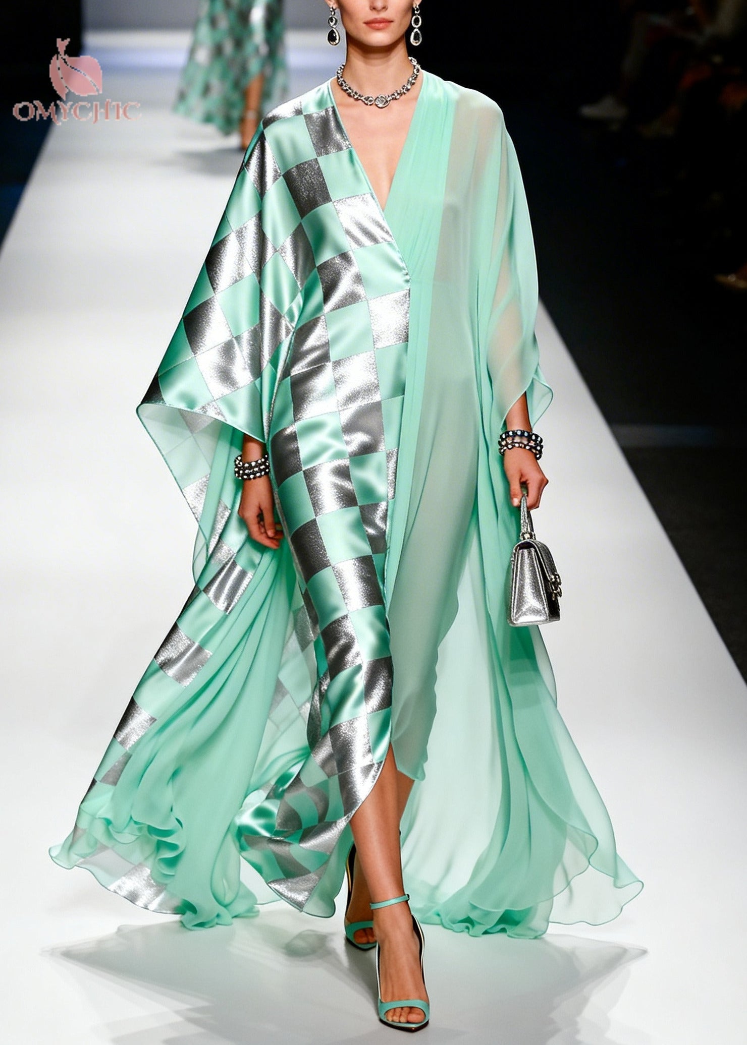 Modern Green Asymmetrical Patchwork Chiffon Party Dress Batwing Sleeve