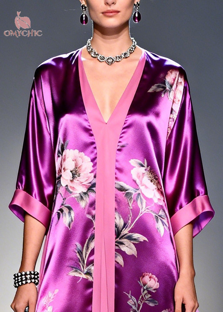 Modern Purple Flower Print Patchwork Silk Long Dress Summer