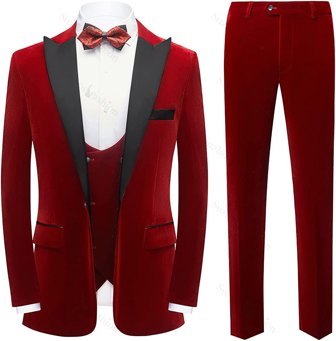 Modern Red 3 Piece Velvet Men's Prom Suit
