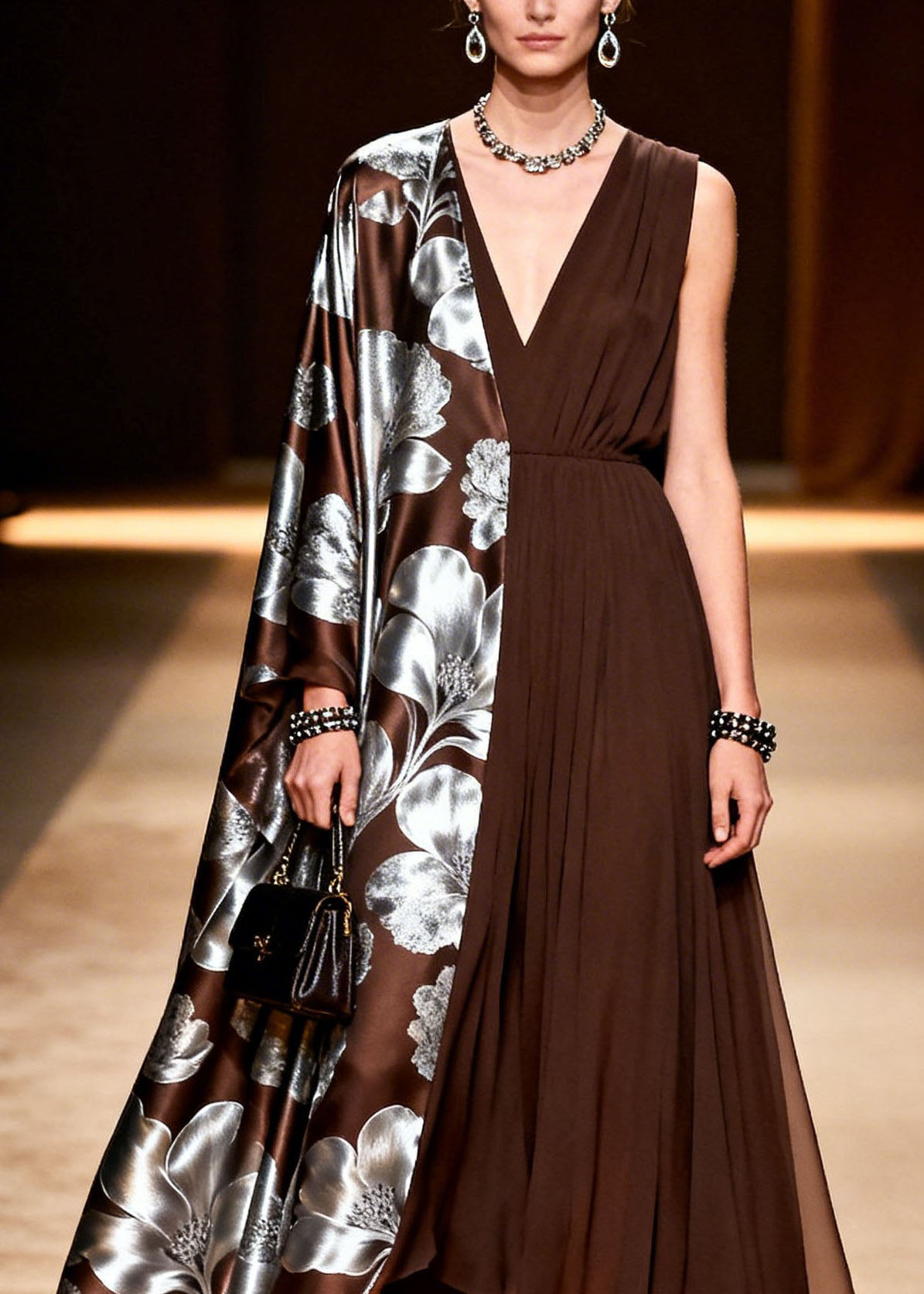 Modern V Neck Asymmetrical Design Patchwork Silk Maxi Dress Summer