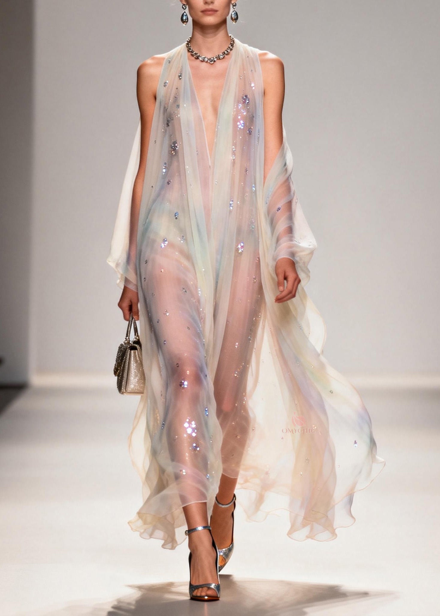 Modern V Neck Zircon Chiffon Long Dress Summer