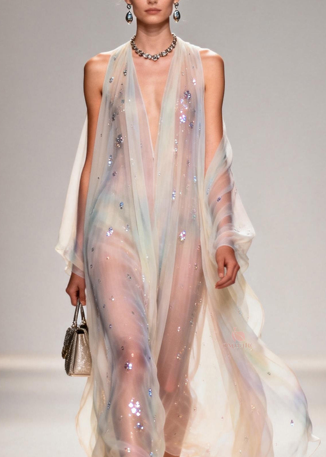 Modern V Neck Zircon Chiffon Long Dress Summer