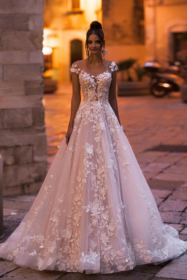 Modest Aline Wedding Dress Cap Sleeves Floral Tulle Lace Floor Length Bridal Dress