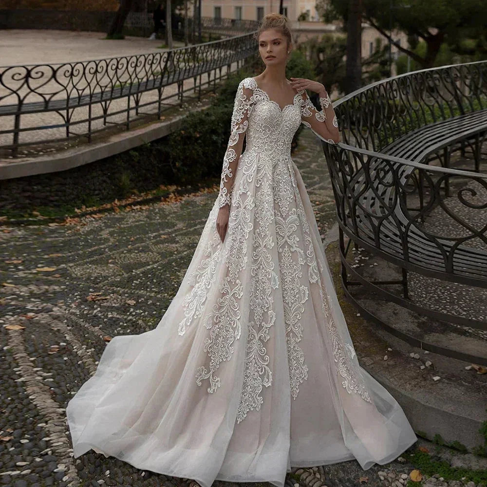 Modest Champagne Wedding Dress Appliques Long Sleeves Vestido De Noiva Sweep Train Sexy Backless Vestidos De Novia by payinti