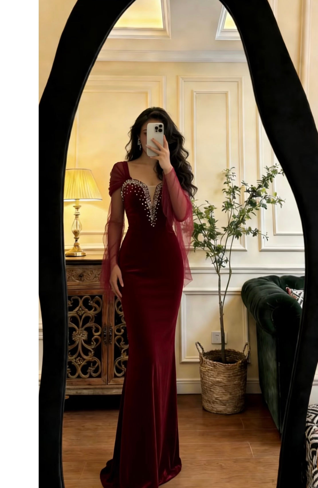 Modest Sheath Burgundy Prom Dress Velvet Formal Evening Dress