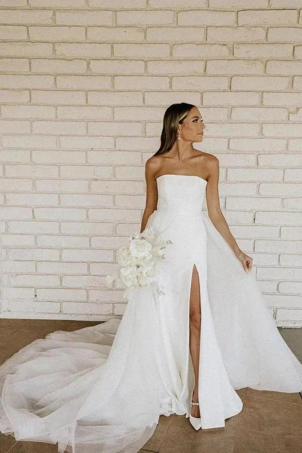 Modest Strapless Satin Detachable Tulle Wedding Dresses (ZD16148)