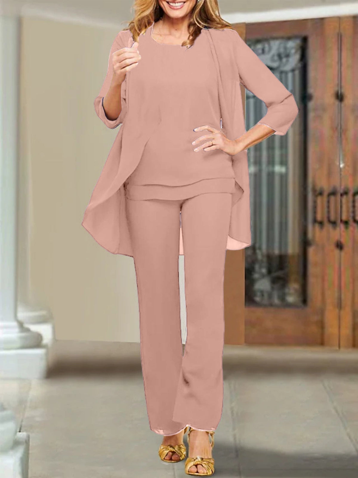 Mother of the Bride Scoop Neck Chiffon Pantsuits