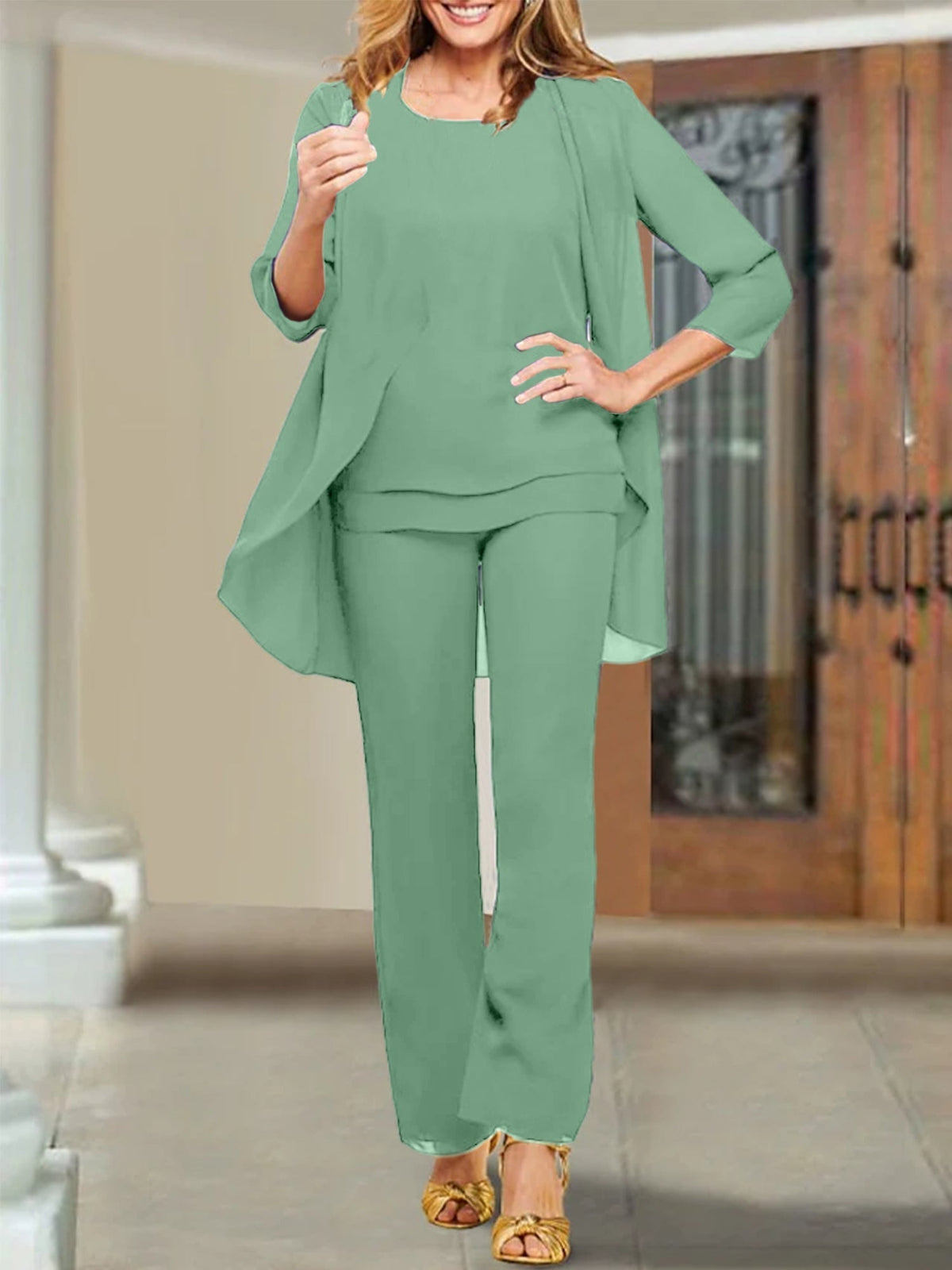 Mother of the Bride Scoop Neck Chiffon Pantsuits