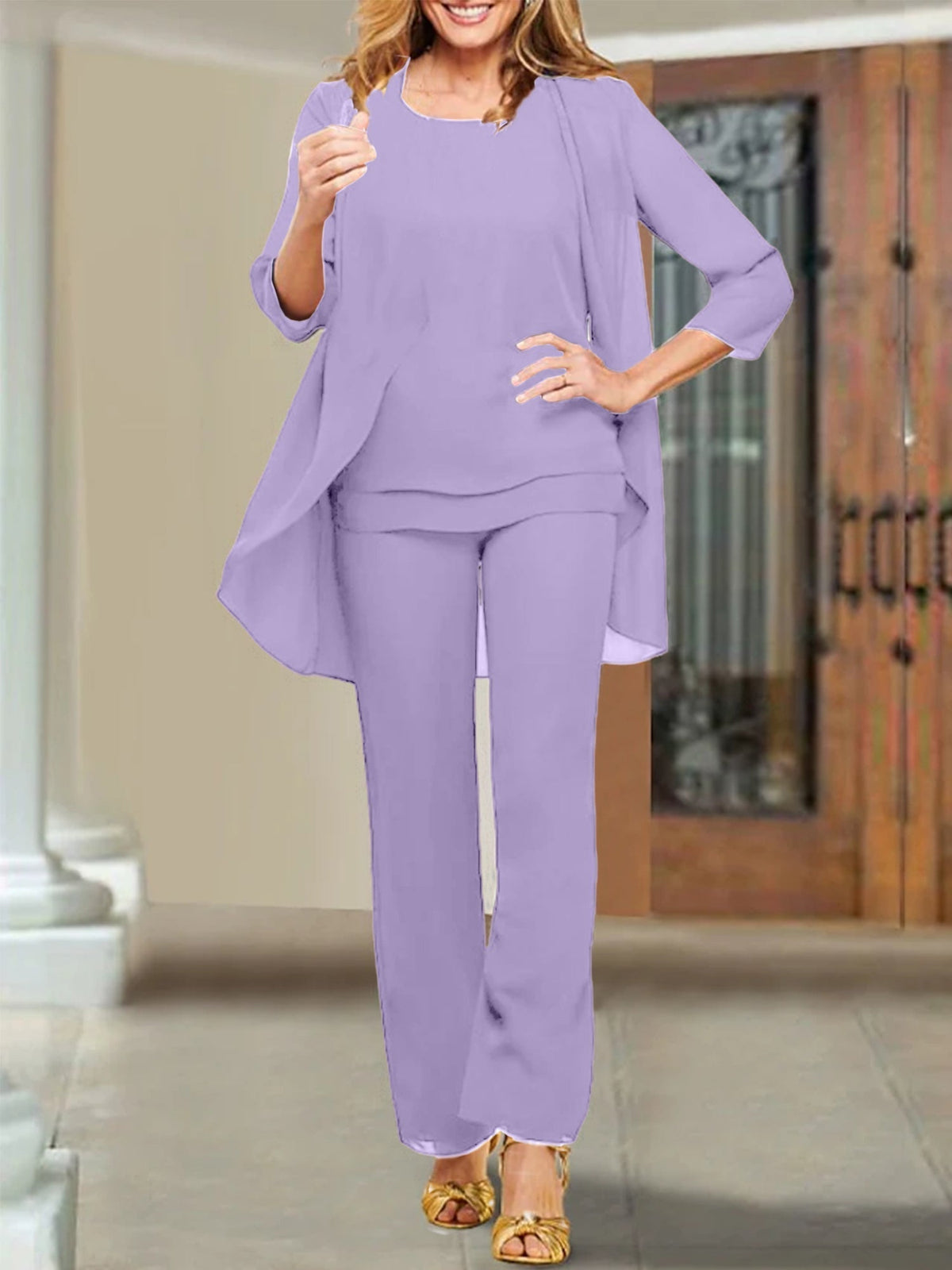 Mother of the Bride Scoop Neck Chiffon Pantsuits