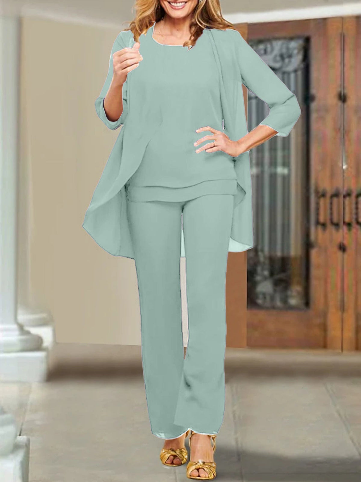 Mother of the Bride Scoop Neck Chiffon Pantsuits