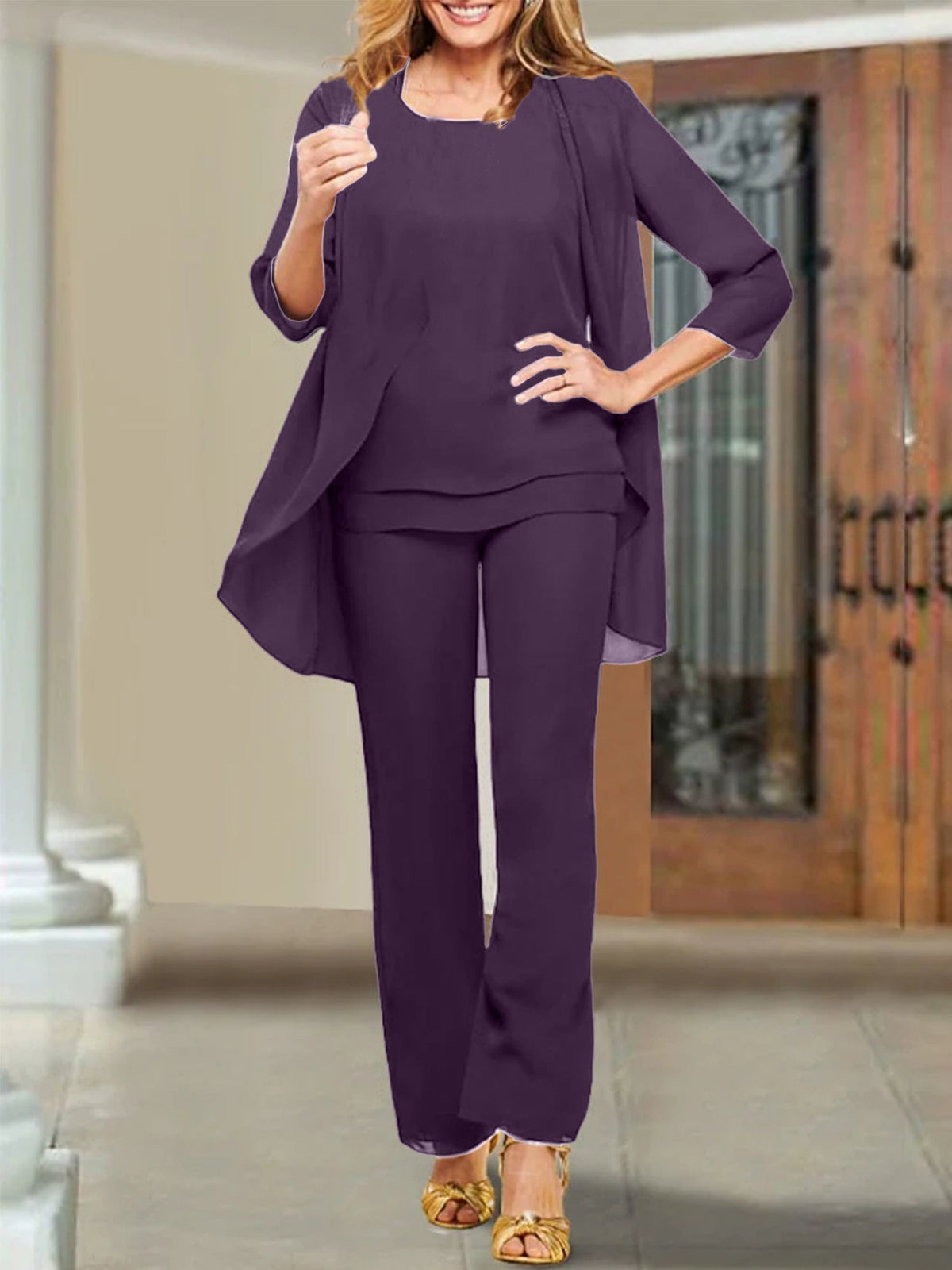 Mother of the Bride Scoop Neck Chiffon Pantsuits
