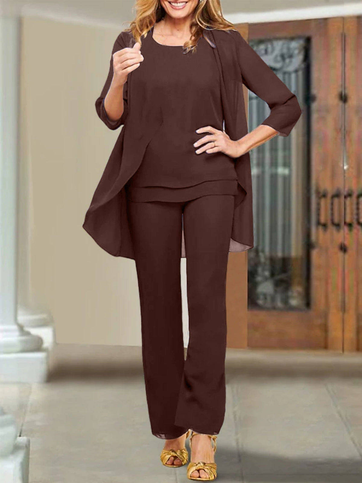 Mother of the Bride Scoop Neck Chiffon Pantsuits