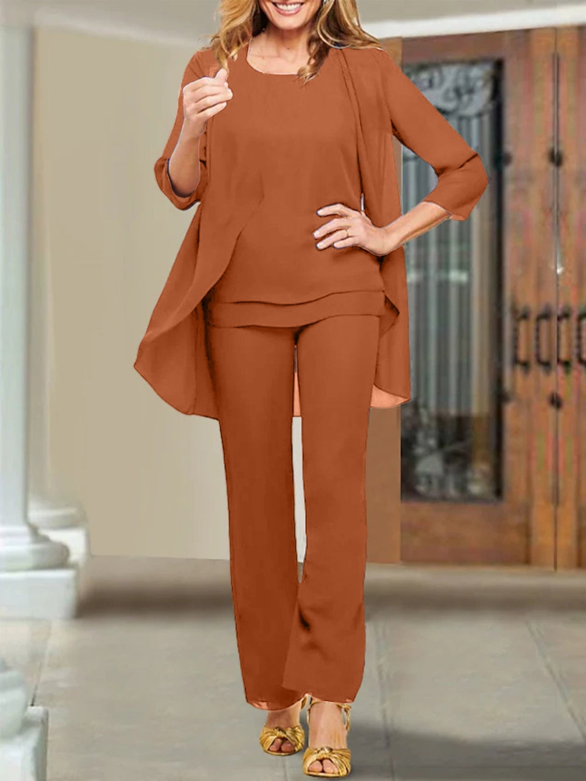 Mother of the Bride Scoop Neck Chiffon Pantsuits