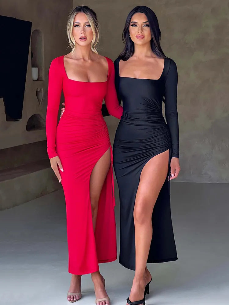 Square Collar Drawstring High Split Maxi Dress Chic Autumn Cut Out Dresses