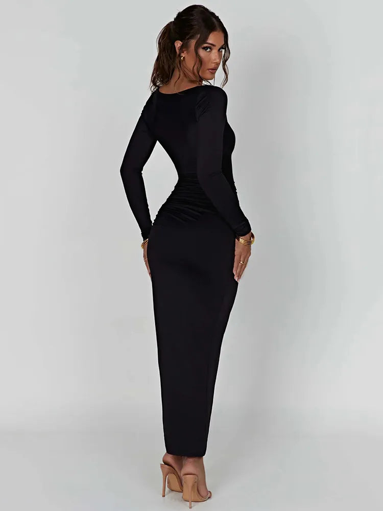 Square Collar Drawstring High Split Maxi Dress Chic Autumn Cut Out Dresses