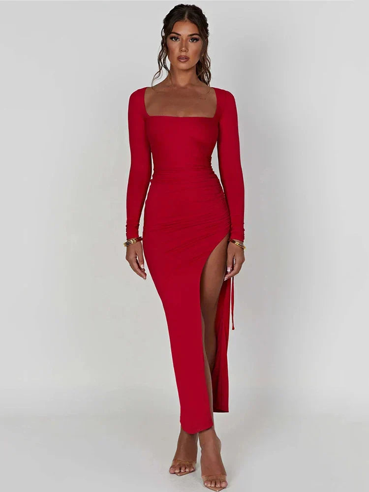 Square Collar Drawstring High Split Maxi Dress Chic Autumn Cut Out Dresses