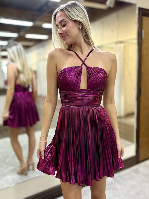 A-Line Open Back Short Metallic Homecoming Dress with Pleating