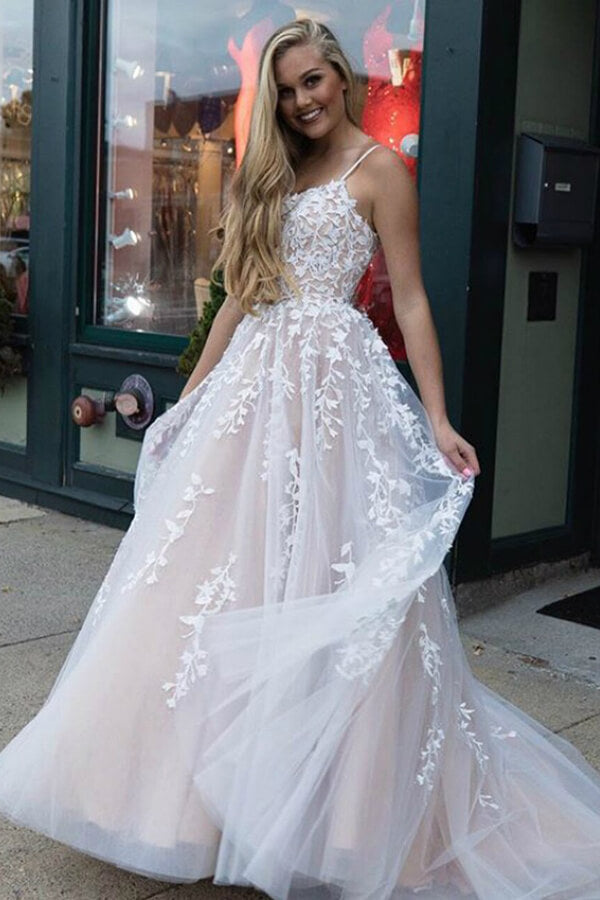 Yellow Tulle Spaghetti Straps Scoop A-Line Prom Dresses with Appliques - View 7 | VelvetHem