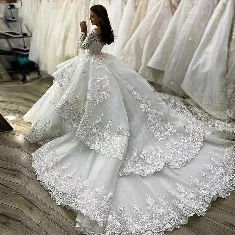 Muslim Wedding Dresses Women's Elegant A-line Arab Bridal Gowns Lace Applique Robe Luxury Princess Layered Group 2023 De Mariée (ZD14131)