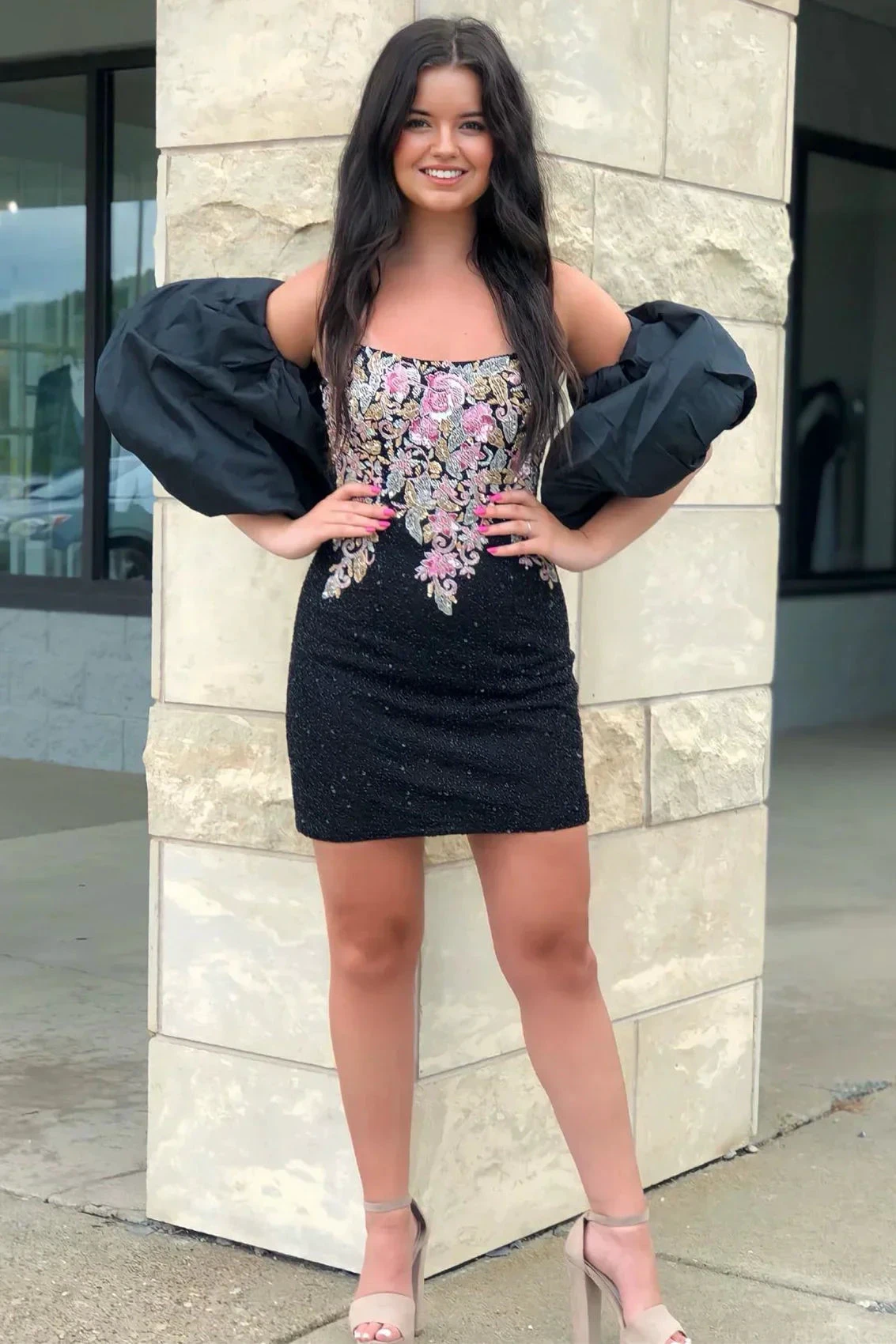 Black Strapless Appliques Beaded Homecoming Dress with Detachable Sleeves Y2823 by simplepromdress