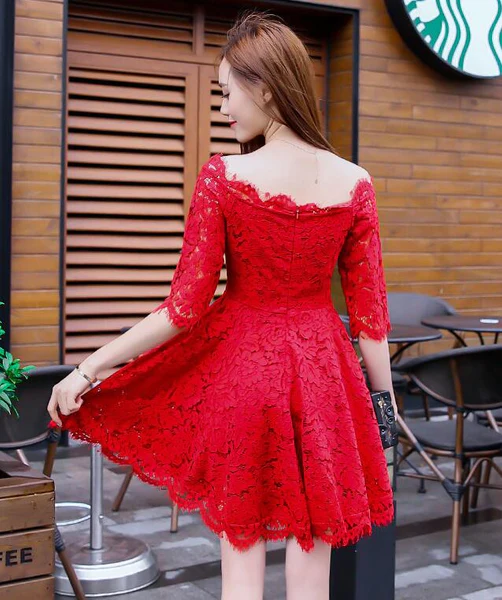 Lovely Red Lace Short Sleeves Party Dress, Chic Red Off-the-Shoulder Homecoming Dress - View 2 | FashionDia