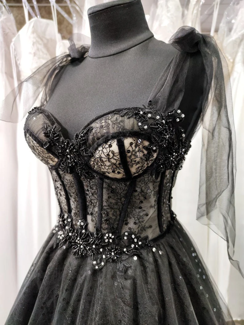 Sparkly black prom dress night corset neckline fairy tale tulle princess bride bridal gothic dark queen night alternative bride - View 4 | FashionDia