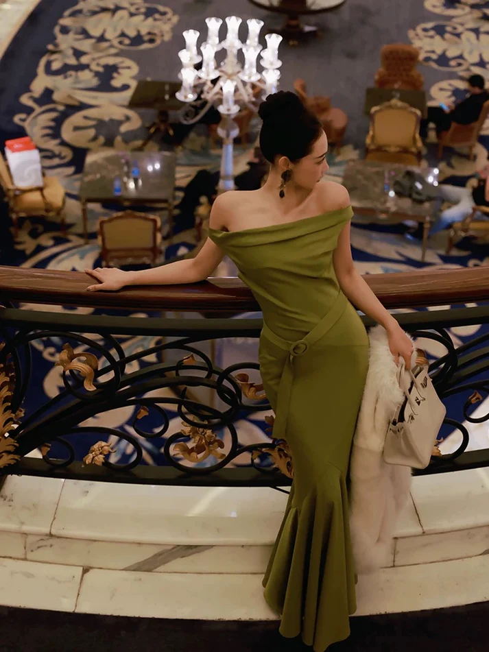 Fashion Green Off Shoulder Mermaid Long Prom Dress Evening Party Dress