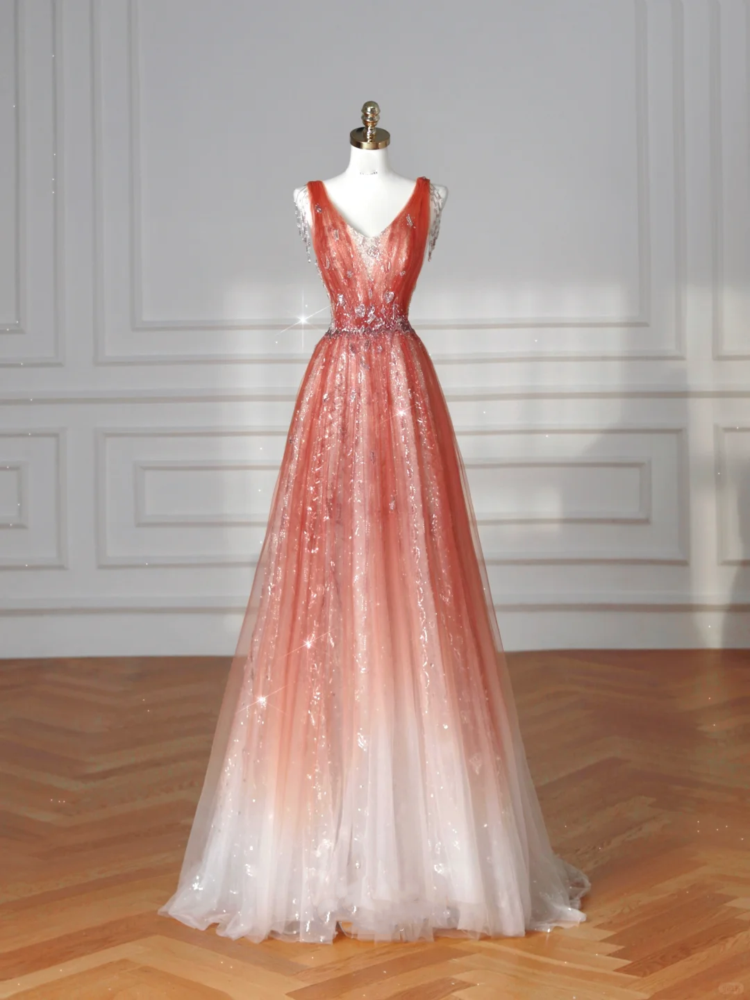 Elegant V Neck Tulle Sequins Prom Dress Strawberry Pink A Line Long Evening Dress Y8614 - View 2 | VelvetHem