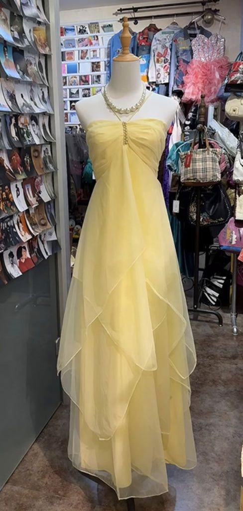 Pretty Halter Yellow Tulle Layered Long Party Dress Birthday Outfits - FashionDia
