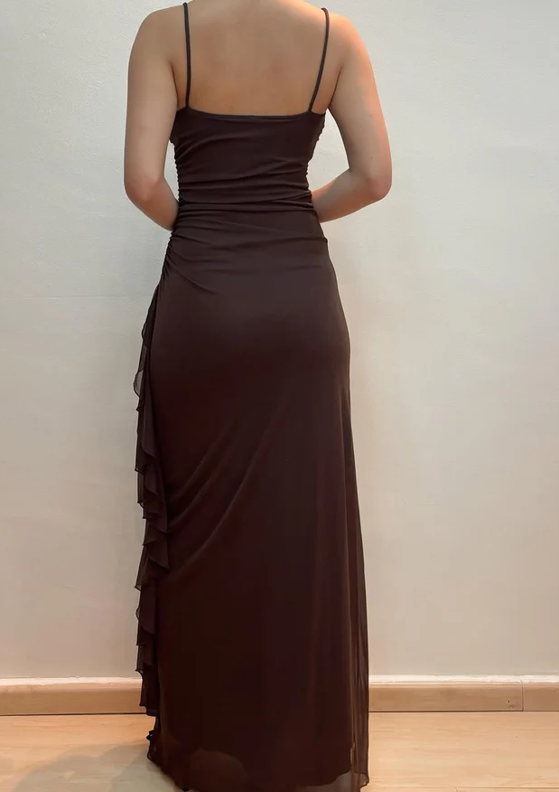 Simple Brown Chiffon Long Prom Dress Vintage Ruffle Party Evening Dress - View 2 | FashionDia