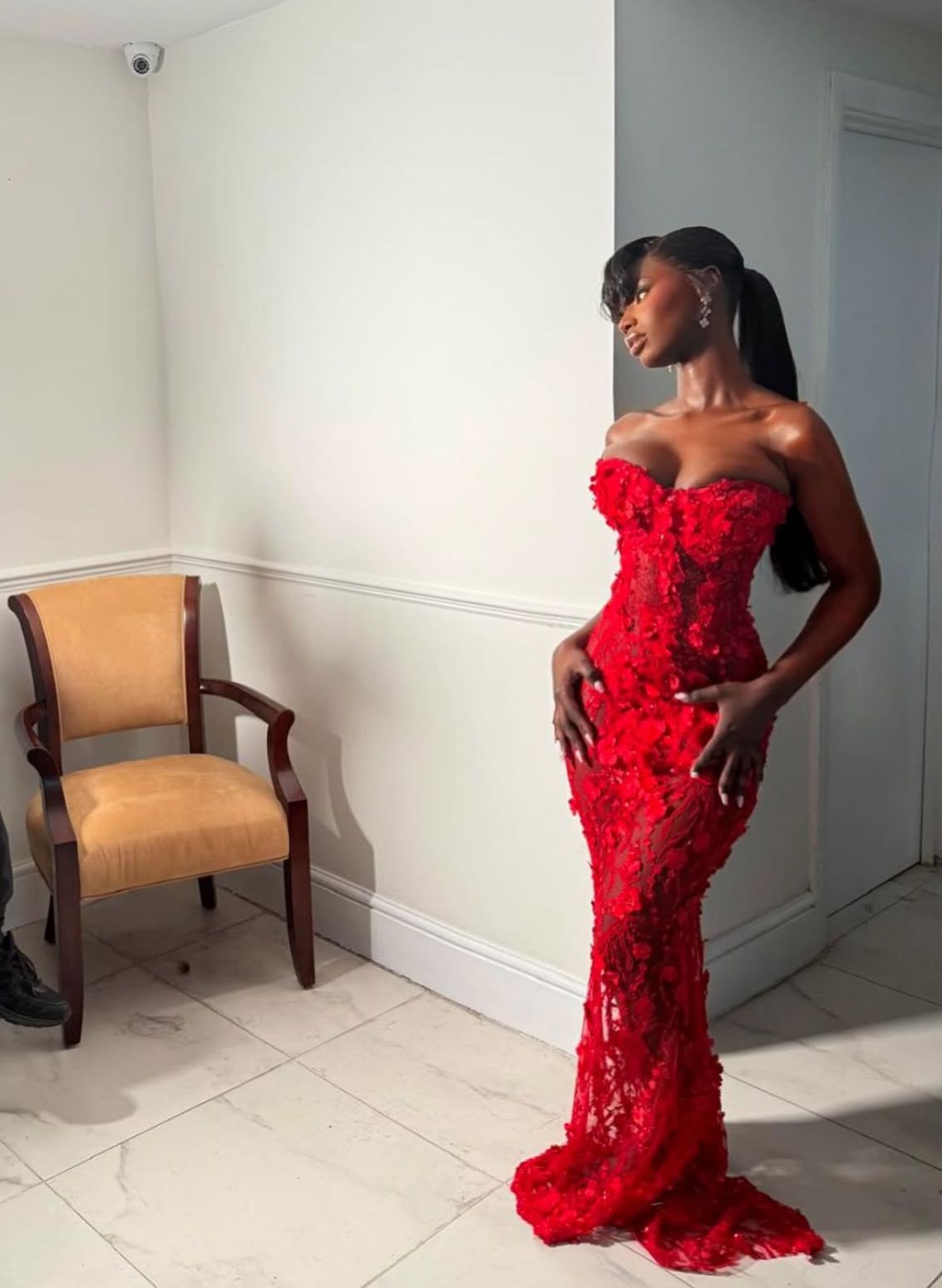 Gorgeous Strapless Red Lace Appliques Mermaid Party Dress Evening Dress - FashionDia