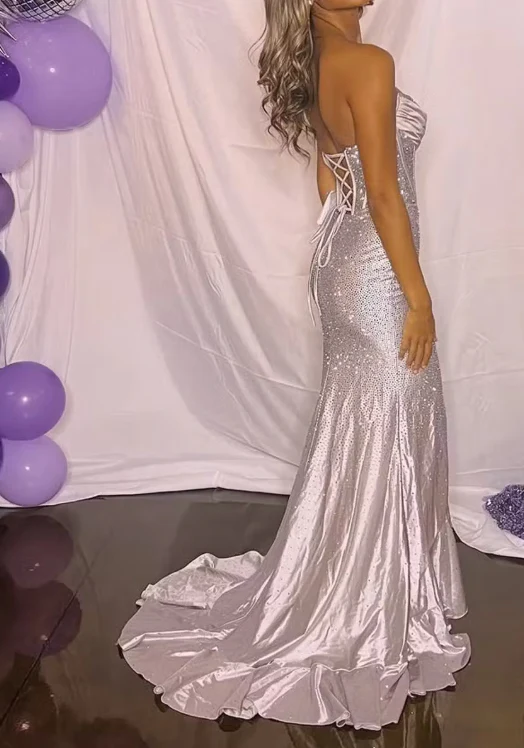 Sexy Mermaid Lilac Strapless Beaded Long Prom Dress Slit Party Evening Gown - View 2 | FashionDia