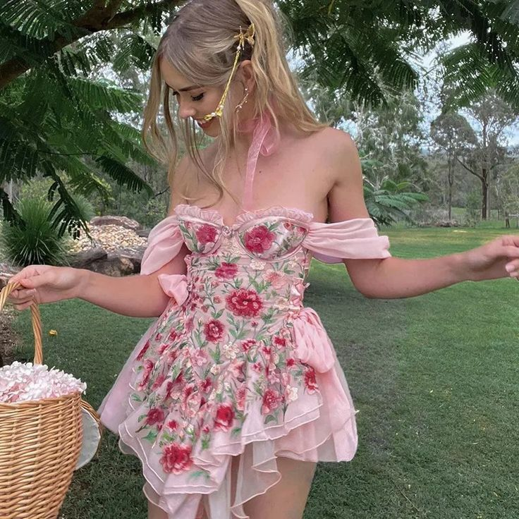 Classy Pink Off-the-Shoulder Tulle Floral Short Party Dress Short Homecoming Dress Birthday Dress - FashionDia