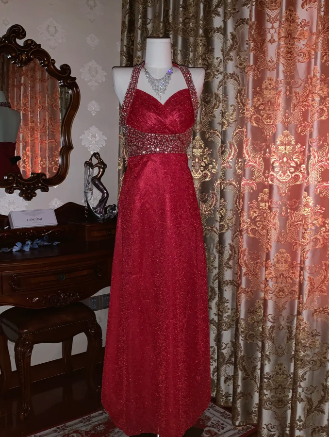 Glitter Halter Red Tulle Sequin Beaded A-Line Long Party Dress Evening Dress - View 4 | FashionDia