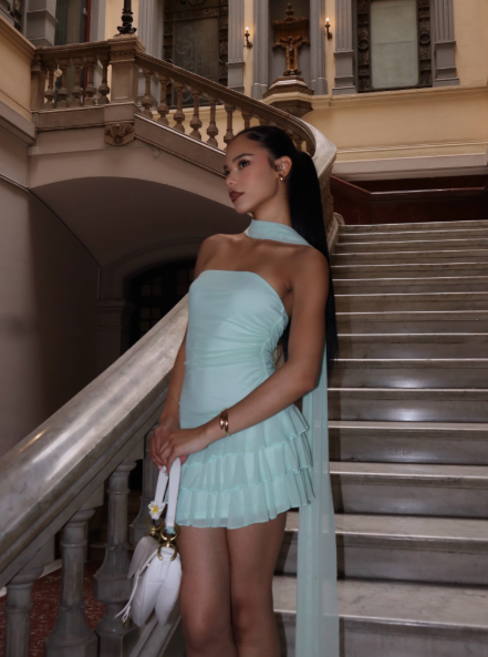Glamorous Blue Chiffon Ruffle Layered Short Homecoming Dress,Strapless Mini Birthday Dress With Scarf D3892