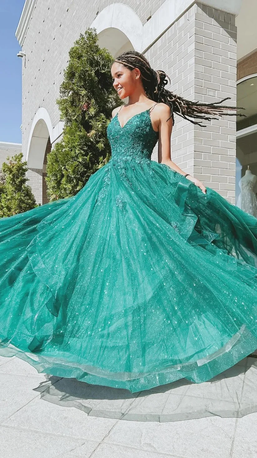 Glitter Green Tulle Appliques Sequins Prom Dress A Line Party Evening Gown