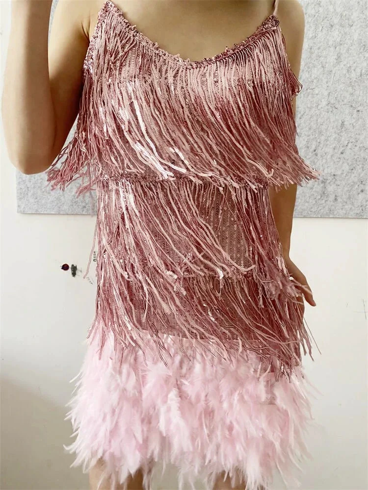 Women Sexy Feather Sparkly Tassel Dress Pink Sequin Fringe Dance Flapper Dress Summer Formal Dress,Pink Homecoming Dress (ZD12061)
