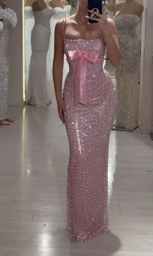 Gorgeous Spaghetti Straps Pink Sequin Beaded Mermaid Evening Dress Long Party Dress - FashionDia