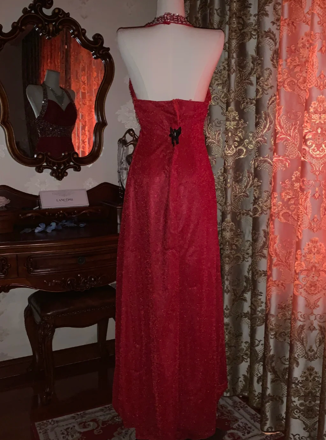 Glitter Halter Red Tulle Sequin Beaded A-Line Long Party Dress Evening Dress - View 5 | FashionDia