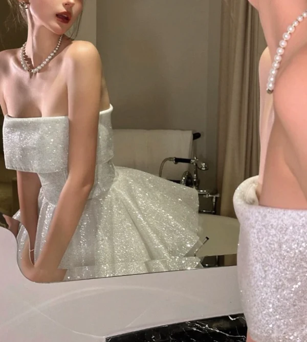 Glitter Strapless White Sequin Tulle Homecoming Dress A Line Short Cocktail Dress