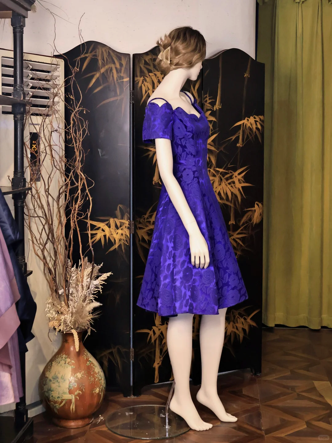 Vintage Purple Satin Floral Print A-Line Homecoming Dress Off-the-Shoulder Short Birthday Outfits - View 2 | FashionDia