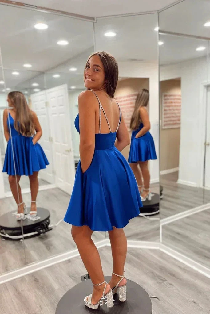 Backless V Neck Royal Blue Prom Dress Royal Blue Short Homecoming Dress (ZD12539)