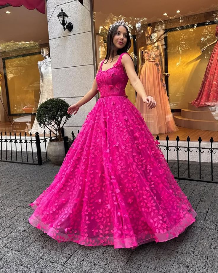 Beautiful Hot Pink Tulle Appliques Evening Dress,A Line Party Dress Ball Gown