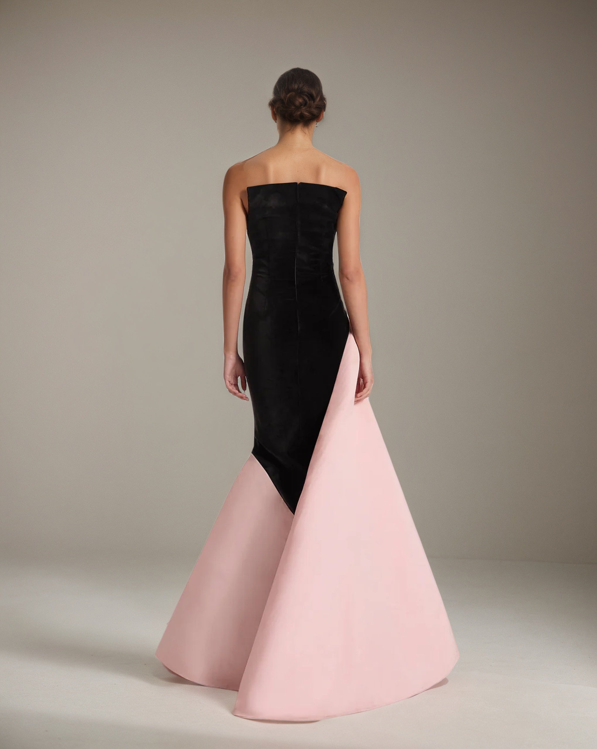 Black&Pink Stretch Crepe Off The Shoulder Sleeveless Floor Length Formal Dress