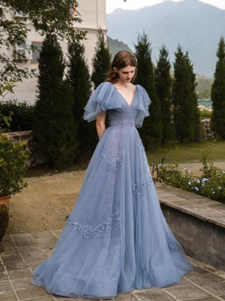 Elegant V Neck Tulle Sequins Appliques Prom Dress,Blue Party Dress Evening Dress