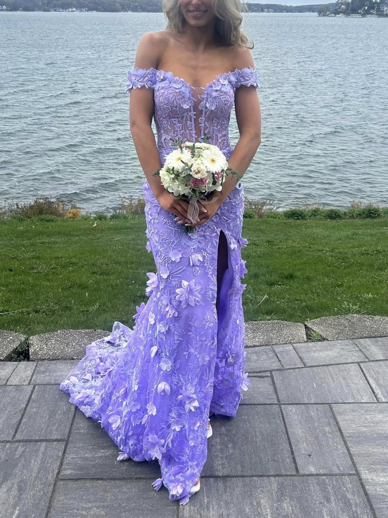 Pretty Off the Shoulder Mermaid Lilac Lace Floral Long Prom Dresses, High Slit Graduation Evening Dresses Y7848 - VelvetHem