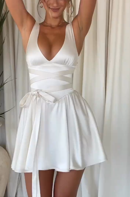Elegant V-Neck Satin A-Line White Graduation Homecoming Dress Short Prom Dress - View 2 | FashionDia