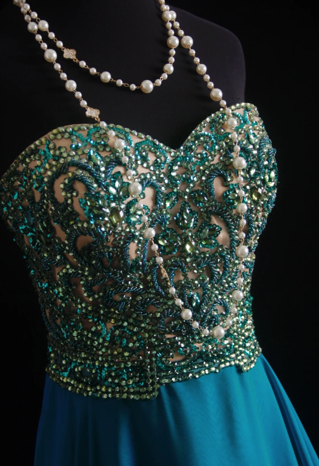 Unique Blue Green Strapless Satin Beaded Long Wedding Guest Dress Formal Birthday Party Dress Prom Gown - View 3 | FashionDia